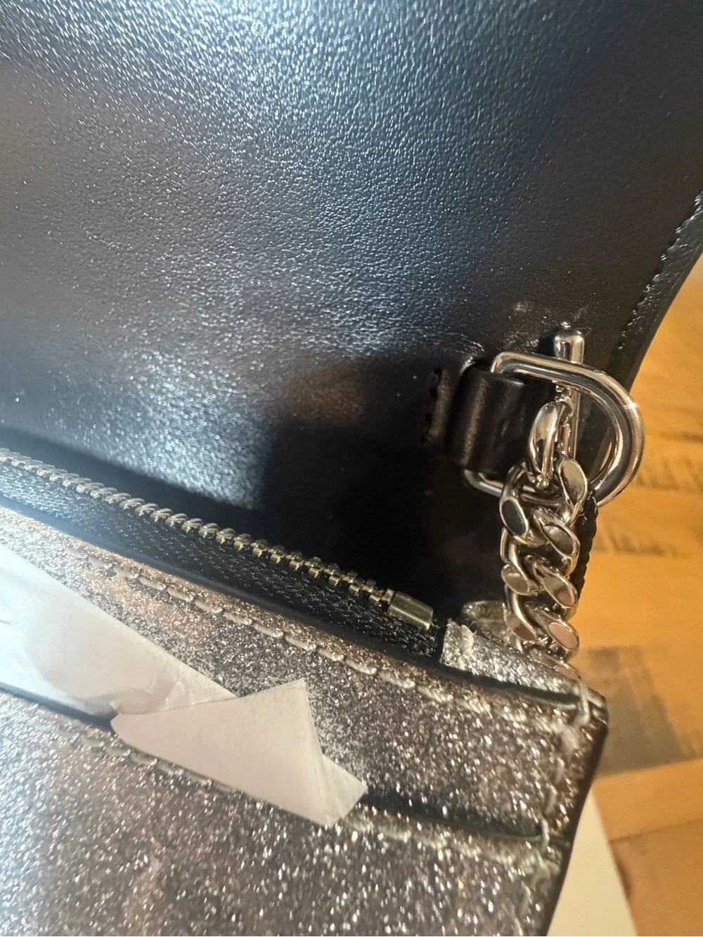 Marc Jacobs Silver Glitter Crossbody Clutch with Chain Strap